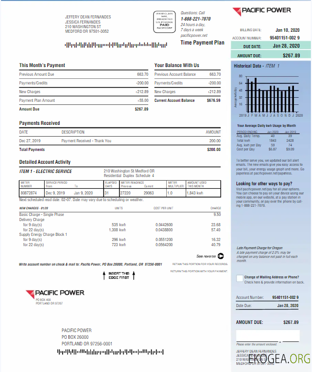 USA PACIFIC POWER utility bill Word and PDF template